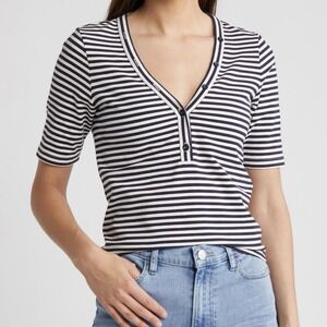 FRAME Asymmetric Button Stripe Henley Top Navy Multi Organic Cotton Size Small